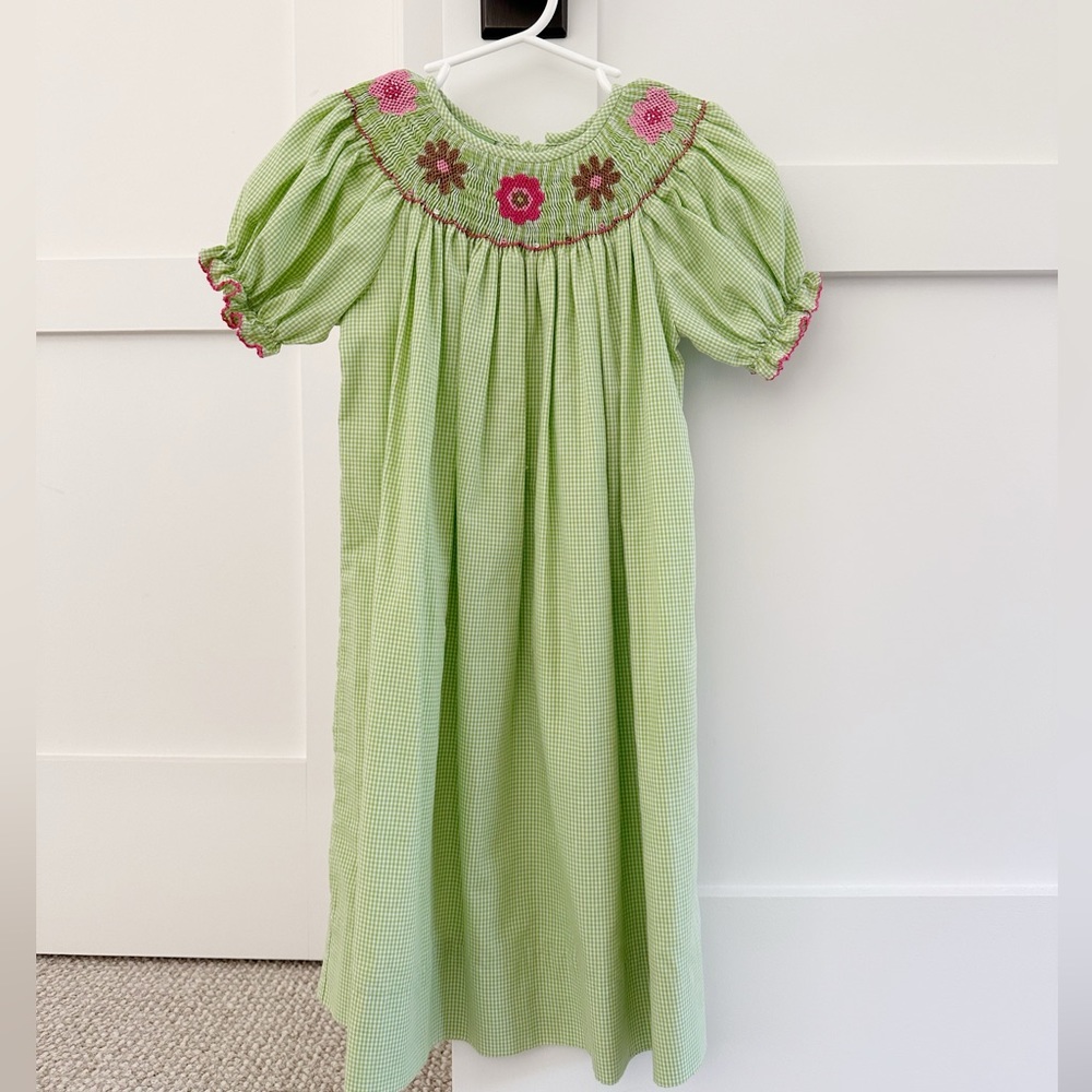 Girls smocked green/white gingham dress, Size 4T